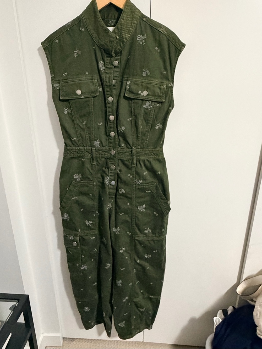 Anthropologie Olive Green Sleeveless Utility Jumpsuit with Subtle Embroidery